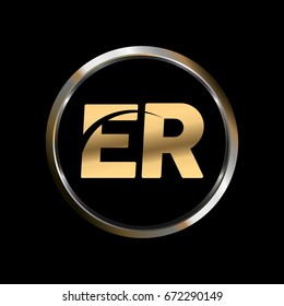 ER initial letter logo inside circle shape, ER inside o rounded lowercase logo gold silver