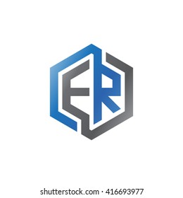 ER initial letters loop linked hexagon logo black gray blue