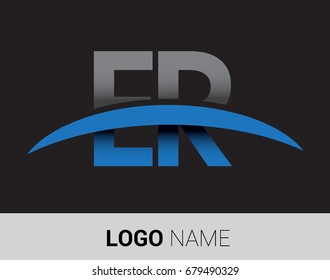 ER initial logo company name colored grey and blue swoosh design.