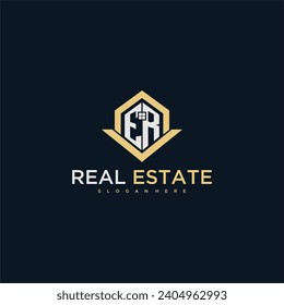 ER initial monogram logo for real estate with home shape creative design
