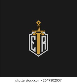 Monograma inicial ER para imagem de escudo e espada