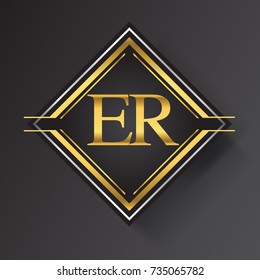 ER Letter logo in a square shape gold and silver colored geometric ornaments. Vector design template elements for your business or company identity.