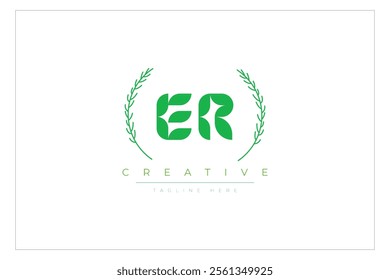 ER letters eco logo with leaf. Fresh nature and healthy leaf logo design.