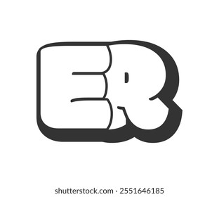 ER logo, bubble comic lettering, rounded in graffiti style black and white silhouette. Trendy preschool E and R letter text for festival party, personal initials, children funky print and web.