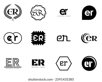 ER logo company template. Letter e and r logotype. Set different classic serif lettering and modern bold text with design elements. Initial font typography. Collection trendy business identity.