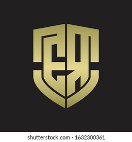 ER Logo monogram with emblem shield shape design isolated gold colors on black background