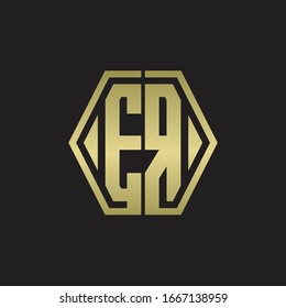 Monograma EB con diseño redondeado de línea hexagonal con colores dorados