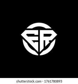 Logo de monograma ER con forma de diamante y plantilla de diseño redondeado de círculo de anillo