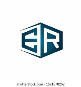 ER monogram logo with hexagon shape and negative space style ribbon design template