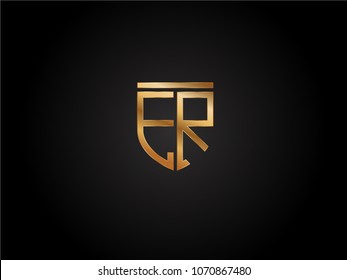 ER shield shape Letter Design in gold color