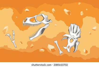 Era of Earth history. Fossil dinosaurs, elements for paleontology and archeology works. Scene with various animals bones in soil layer. Vector old dino skeletons buried underground