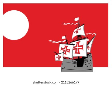 The era of great discoveries. Caravella in the calm sea is moving west. Sailing ship in the sea. Vector image for prints, poster and illustrations.