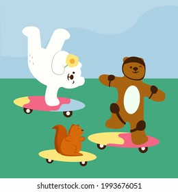 In an era when server skating was hot, white bears, brown bears and squirrels were invited to learn to surf skate. The brown bear is ready to wear protective clothing.