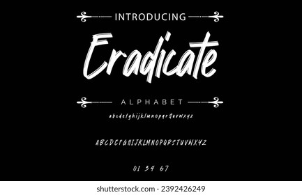 Erradicar el pincel estilizado pintado con letras vectoriales mayúsculas, alfabeto, tipo de letra.