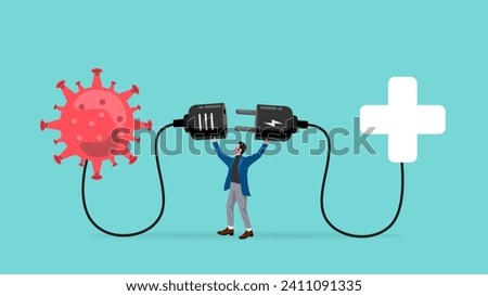eradicate the virus with drugs or vaccines, man connect plug with virus to health symbol to get recovery concept vector illustration with flat style design