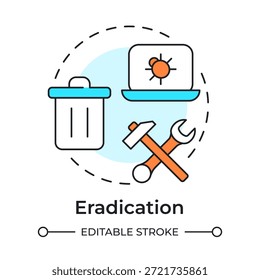 Ícone de conceito de erradicação de várias cores. Administração do sistema, conserto de hardware. Malwares de computador. Ilustração de linha de forma redonda. Ideia abstrata. Design gráfico. Fácil de usar no folheto, livreto