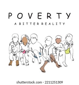 Eradication of poverty day in october. International poster art. Helping hands. Global crisis. Food shortage. Group of kids in poor countries. Inflation and famine. Underprivileged people. Continuous 