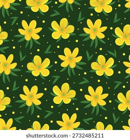Eranthis hyemalis flower seamless pattern. Flat vector clipart, illustration with isolated background.