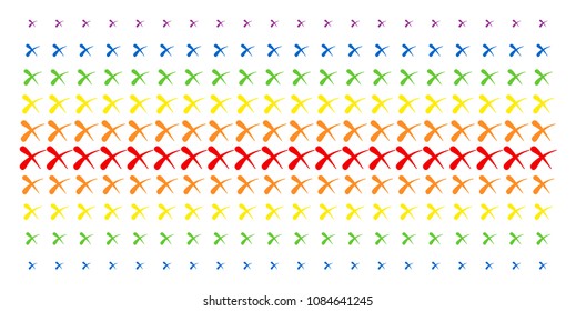 Erase icon spectral halftone pattern. Vector shapes organized into halftone matrix with vertical rainbow colors gradient. Constructed for backgrounds, covers, templates and abstract compositions.