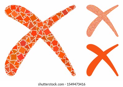 Erase mosaic of ragged pieces in various sizes and color hues, based on erase icon. Vector humpy pieces are combined into mosaic. Erase icons collage with dotted pattern.