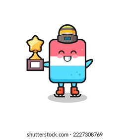 eraser cartoon as an ice skating player hold winner trophy , cute style design for t shirt, sticker, logo element