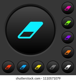 Eraser dark push buttons with vivid color icons on dark grey background