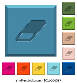 Eraser engraved icons on edged square buttons in various trendy colors