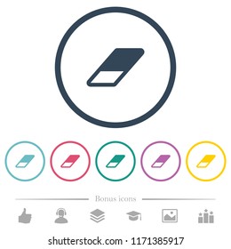 Eraser flat color icons in round outlines. 6 bonus icons included.