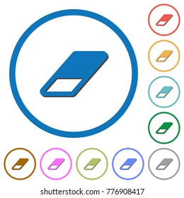 Eraser flat color vector icons with shadows in round outlines on white background