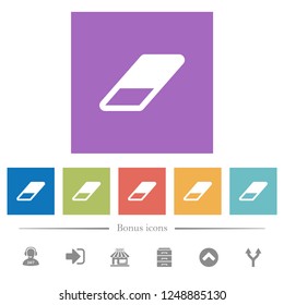 Eraser flat white icons in square backgrounds. 6 bonus icons included.