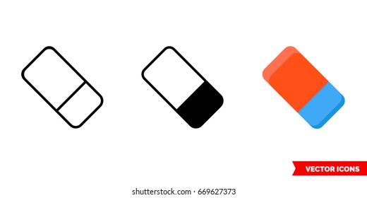 Eraser icon of 3 types: color, black and white, outline. Isolated vector sign symbol.
