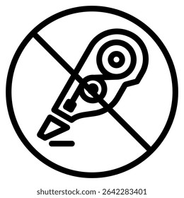Eraser icon appears within a black circle with a black slash indicating a prohibition, presented in a simple, clean style and monochrome palette great for conveying restrictions.