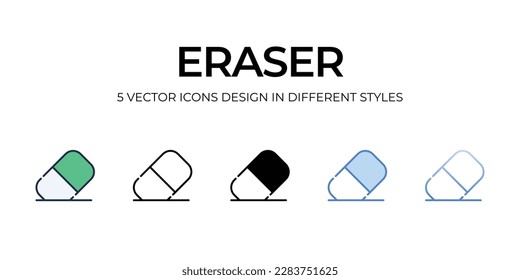 Eraser Icon Design in Five style with Editable Stroke. Line, Solid, Flat Line, Duo Tone Color, and Color Gradient Line. Suitable for Web Page, Mobile App, UI, UX and GUI design.