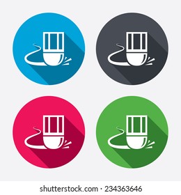 Eraser icon. Erase pencil line symbol. Correct or Edit drawing sign. Circle buttons with long shadow. 4 icons set. Vector