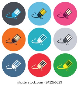 Eraser icon. Erase pencil line symbol. Correct or Edit drawing sign. Colored round buttons. Flat design circle icons set. Vector