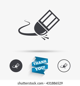Eraser icon. Erase pencil line symbol. Correct or Edit drawing sign. Flat icons. Buttons with icons. Thank you ribbon. Vector