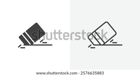 Eraser icon set in black flat solid and outlined style.