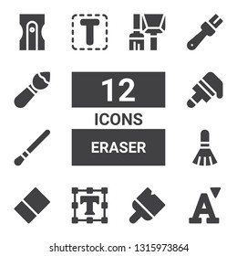 eraser icon set. Collection of 12 filled eraser icons included Font, Brush, Text editor, Eraser, Sharpener