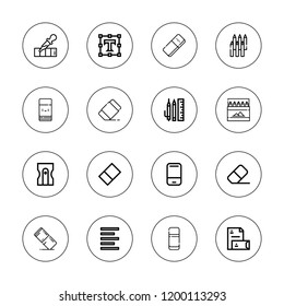 Eraser icon set. collection of 16 outline eraser icons with colored pencils, eraser, left alignment, pencil color, pipette tool, school material, sharpener, text editor icons.
