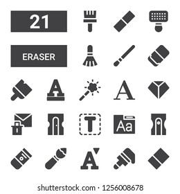 eraser icon set. Collection of 21 filled eraser icons included Eraser, Brush, Font, Sharpener, Erase, Sharpen, Magic tool, Rubber