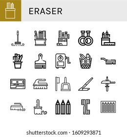 eraser icon set. Collection of Stationery, Brush, Pencil case, Rubber, Sharpener, Sharpening, Color pencils, Brushes icons