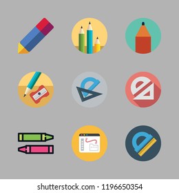 eraser icon set. vector set about protractor, eraser icon, pencil and pencils icons set.
