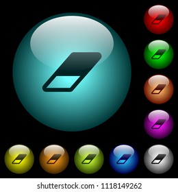 Eraser icons in color illuminated spherical glass buttons on black background. Can be used to black or dark templates