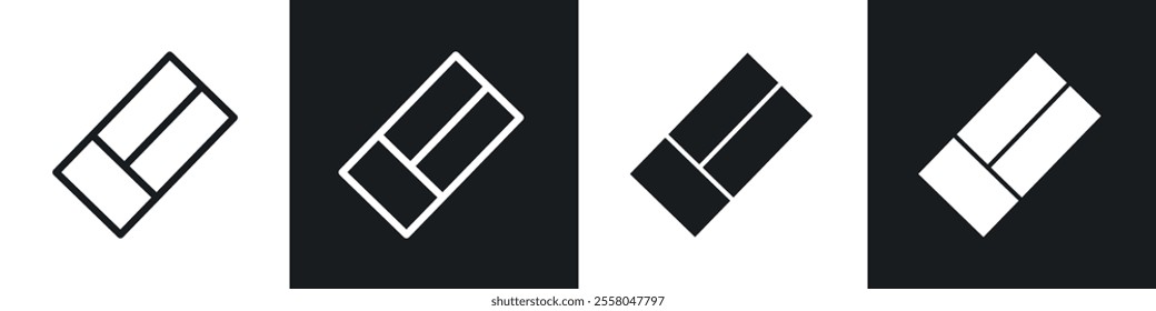 Eraser icons pack in black and white filled and outlined versions.