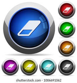 Eraser icons in round glossy buttons with steel frames