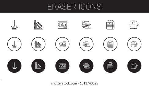 eraser icons set. Collection of eraser with brushes, stationery, text editor, brush, sharpener. Editable and scalable eraser icons.