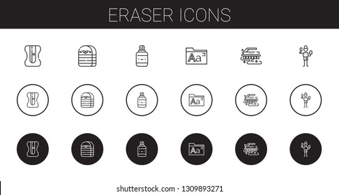 eraser icons set. Collection of eraser with sharpener, correction fluid, fonts, brush. Editable and scalable eraser icons.