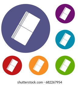 Eraser icons set in flat circle red, blue and green color for web