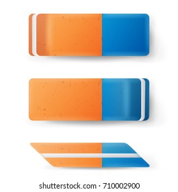 Eraser Isolated Vector. Classic Blue Orange Rubber Sign. Realistic Illustration