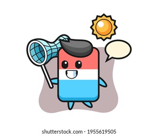 Eraser mascot illustration is catching butterfly, cute style design for t shirt, sticker, logo element
